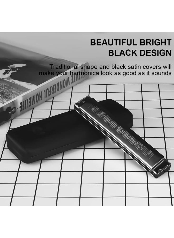 OIBTECH Best Harmonica C Key 24 Holes Major Diatonic Double Tremolo Beginner Harmonicas for Sale Musical Instrument Accessories Black with Case for Adults/Music Lovers - Image 3