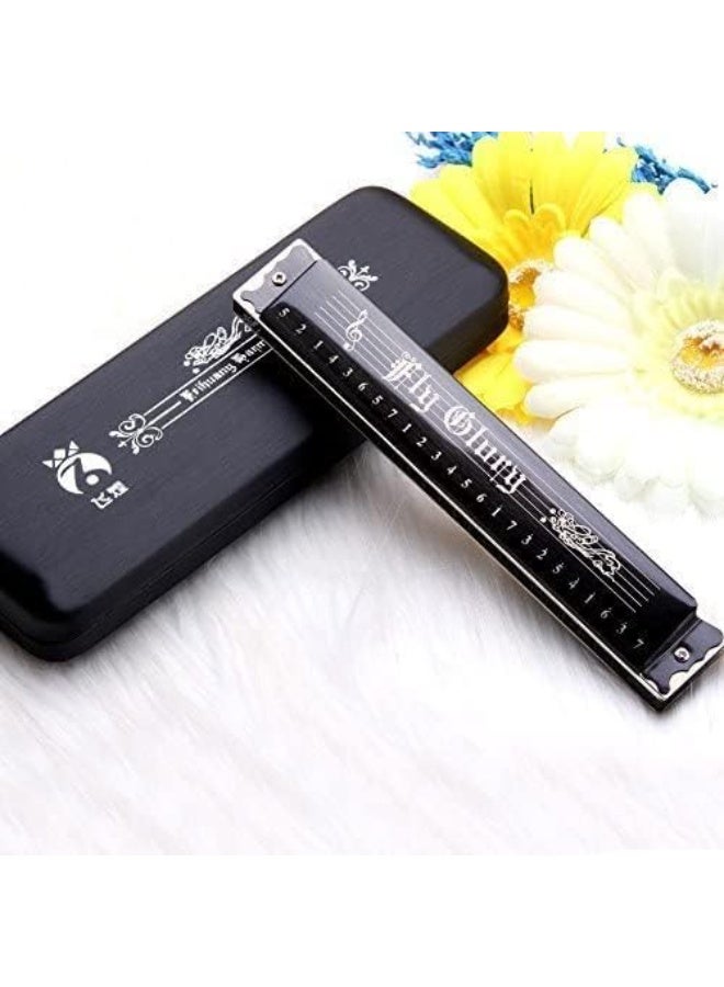 OIBTECH Best Harmonica C Key 24 Holes Major Diatonic Double Tremolo Beginner Harmonicas for Sale Musical Instrument Accessories Black with Case for Adults/Music Lovers - Image 1