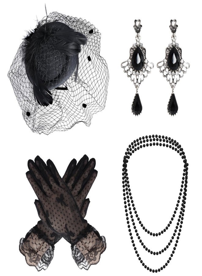 Heliltd 4Pcs Fascinators Hat and Gloves for Women Black Pillbox Hat with Veil Tea Party Accessories for Women - Image 1
