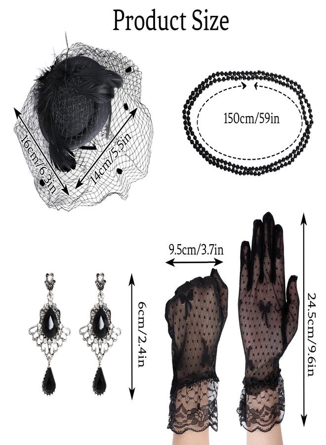 Heliltd 4Pcs Fascinators Hat and Gloves for Women Black Pillbox Hat with Veil Tea Party Accessories for Women - Image 2