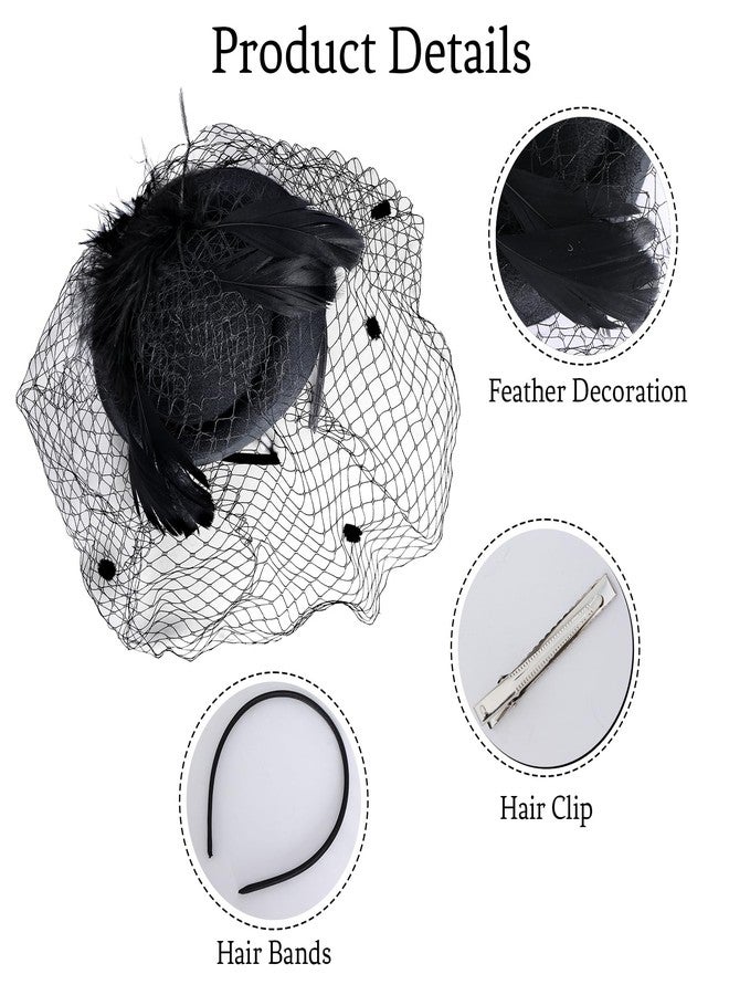 Heliltd 4Pcs Fascinators Hat and Gloves for Women Black Pillbox Hat with Veil Tea Party Accessories for Women - Image 3