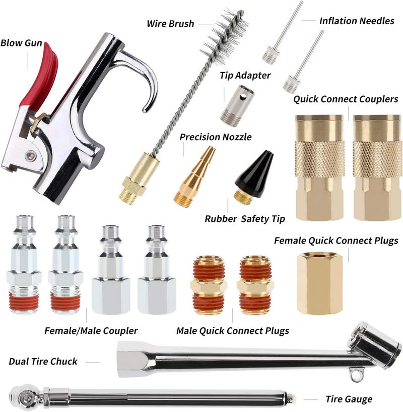 Hromee 19 Pieces Air Compressor Accessories Kit with 3/8 Inch x 25FT Hybrid Hose, 1/4 Inch NPT Quick Connect Fittings, Air Blow Gun, Tire Gauge and Wire Brush - Image 4