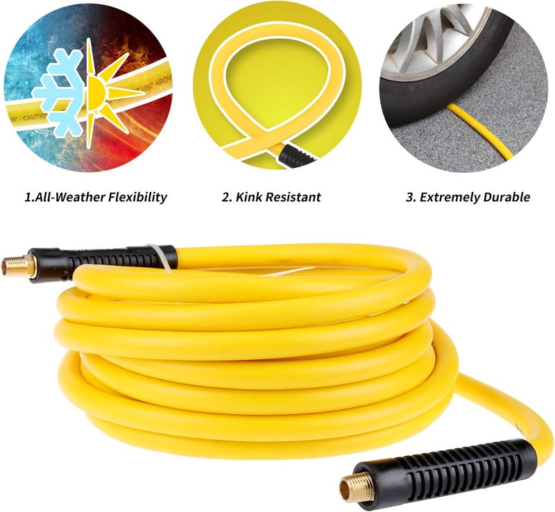 Hromee 19 Pieces Air Compressor Accessories Kit with 3/8 Inch x 25FT Hybrid Hose, 1/4 Inch NPT Quick Connect Fittings, Air Blow Gun, Tire Gauge and Wire Brush - Image 3