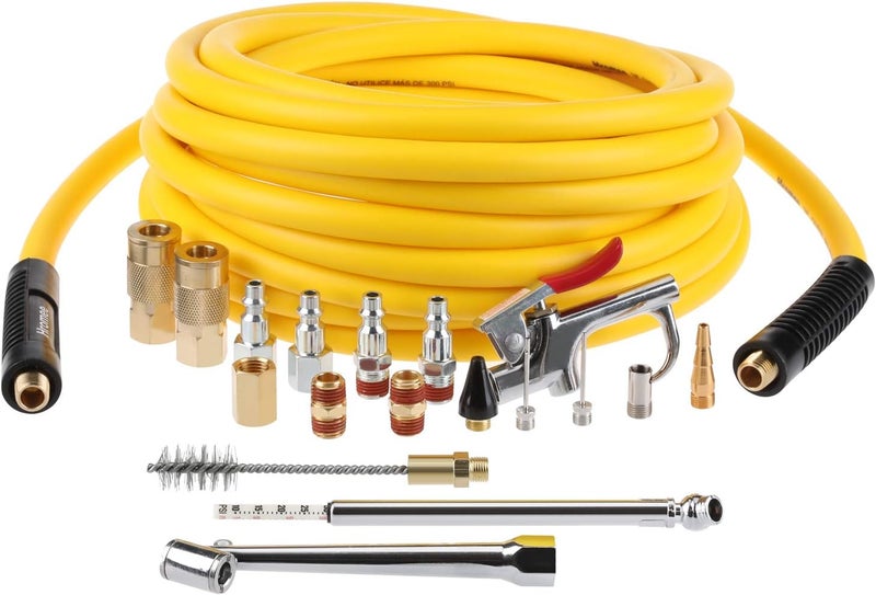 Hromee 19 Pieces Air Compressor Accessories Kit with 3/8 Inch x 25FT Hybrid Hose, 1/4 Inch NPT Quick Connect Fittings, Air Blow Gun, Tire Gauge and Wire Brush - Image 1