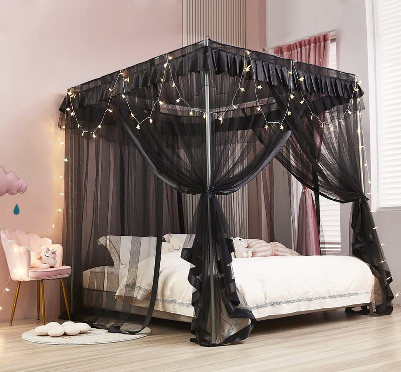 Mengersi Black Bed Canopy, 4 Corner Post Bed Canopy Curtains, Quick and Easy Installation for King Size Beds - Image 3