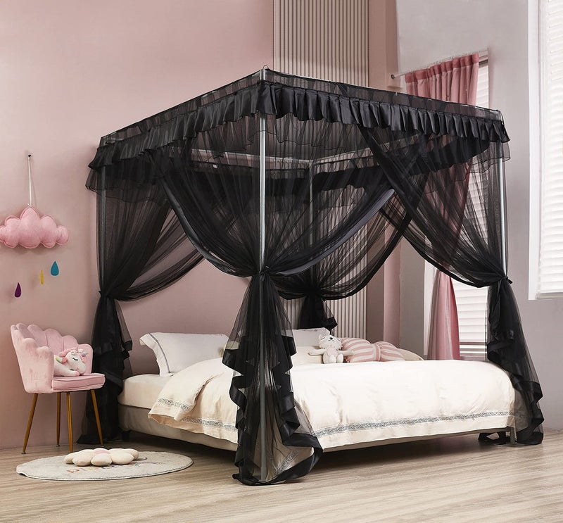Mengersi Black Bed Canopy, 4 Corner Post Bed Canopy Curtains, Quick and Easy Installation for King Size Beds - Image 1