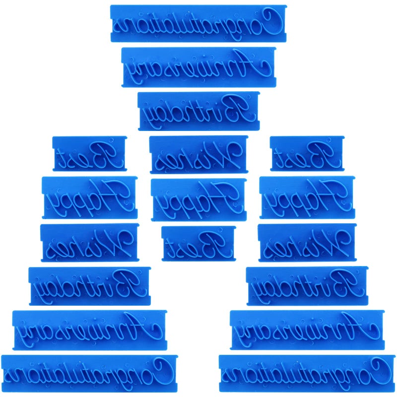 Aswewamt 18 Pcs Cookie Fondant Stamp Cutter Stamper Blessing Letters Mold Happy Birthday Best Wishes Congratulations Anniversary Letters Cutter Mold Icing Sugarcraft Cake Decorating Tools 