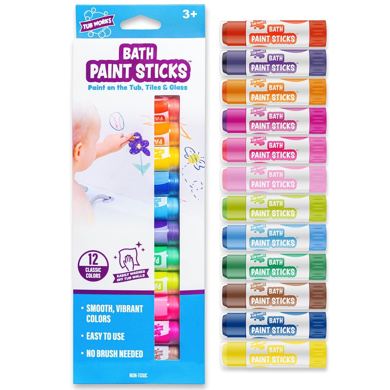 Tub Works® Bath Paint Sticks™ Bath Toy, 12 Count | Nontoxic, Washable Bathtub Paint for Kids & Toddlers | Twistable Sticks Draw Smoothly on Tub Walls | Smooth, Vibrant Alternative to Bath Crayons - Image 1