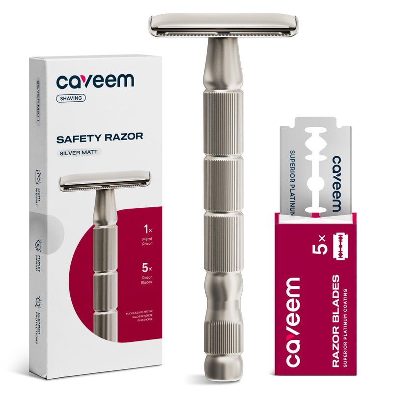 CAVEEM Double-Edge Safety Razor, Single-Blade Razors with 5 Stainless Steel Safety Razor Blades for Men and Women, Reusable Metal Razor â€“ Silver Matt - Image 1