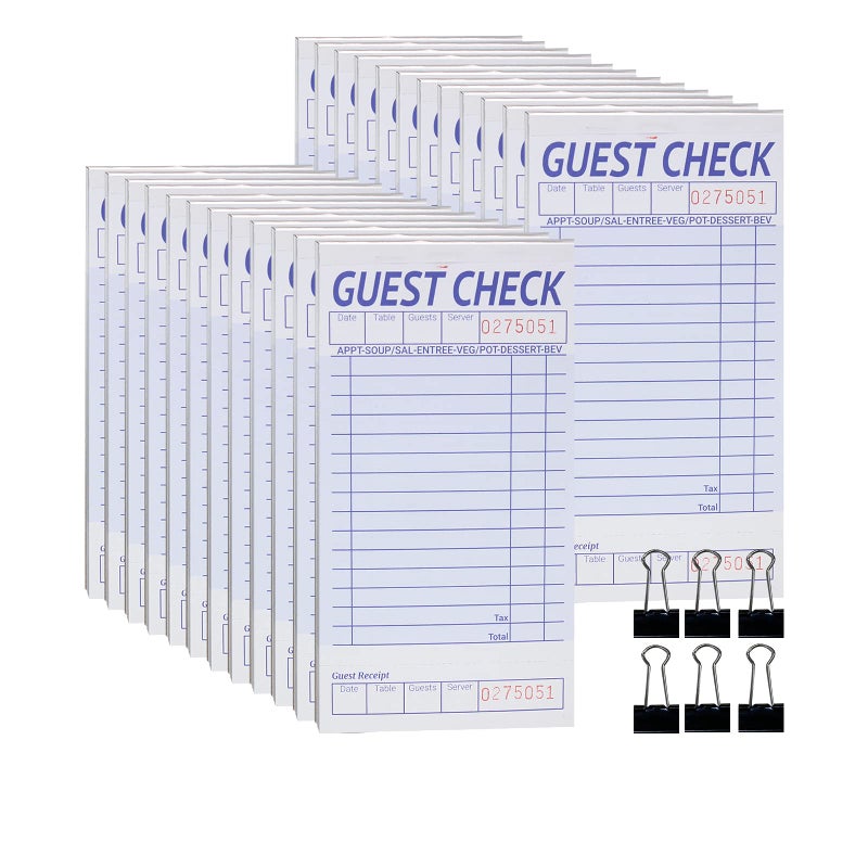 suituts 24 Pack Guest Check Book BoardPads Server Note Pads and Waitress Order Pads Waitress Book for Restaurant 1 Part Booked with 15 Lines 50 Checks Per Book with 6 Clips