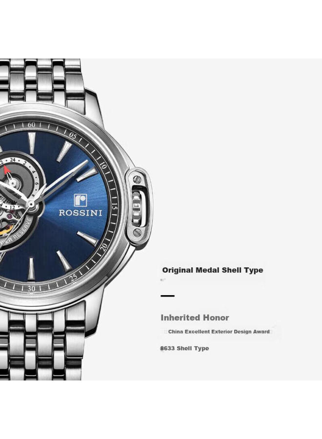 Rossini Men's Mechanical Watch With Medal Blue Dial And Steel Strap, Birthday Gift For Boyfriend, Chinese Brand Business Skeleton Watch 8633 - Image 2