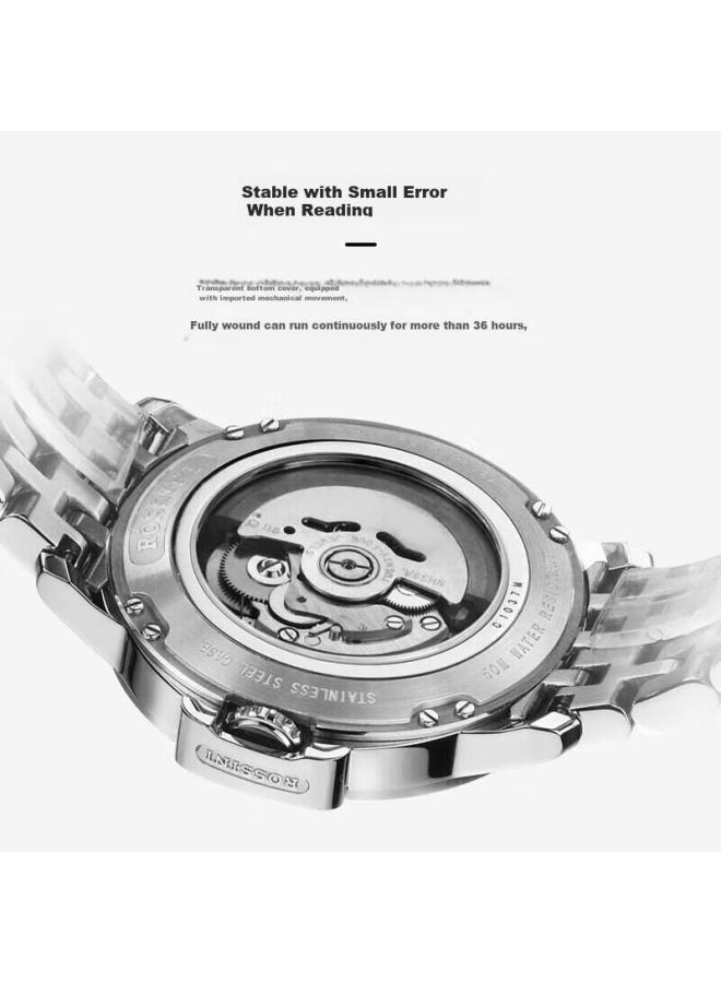 Rossini Men's Mechanical Watch With Medal Blue Dial And Steel Strap, Birthday Gift For Boyfriend, Chinese Brand Business Skeleton Watch 8633 - Image 3