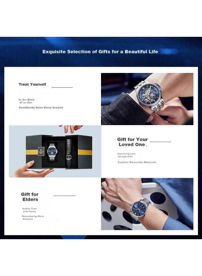 Rossini Men's Mechanical Watch With Medal Blue Dial And Steel Strap, Birthday Gift For Boyfriend, Chinese Brand Business Skeleton Watch 8633 - Image 4