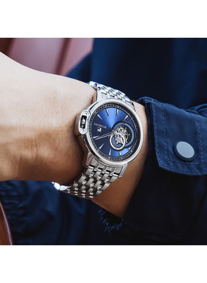 Rossini Men's Mechanical Watch With Medal Blue Dial And Steel Strap, Birthday Gift For Boyfriend, Chinese Brand Business Skeleton Watch 8633 - Image 1