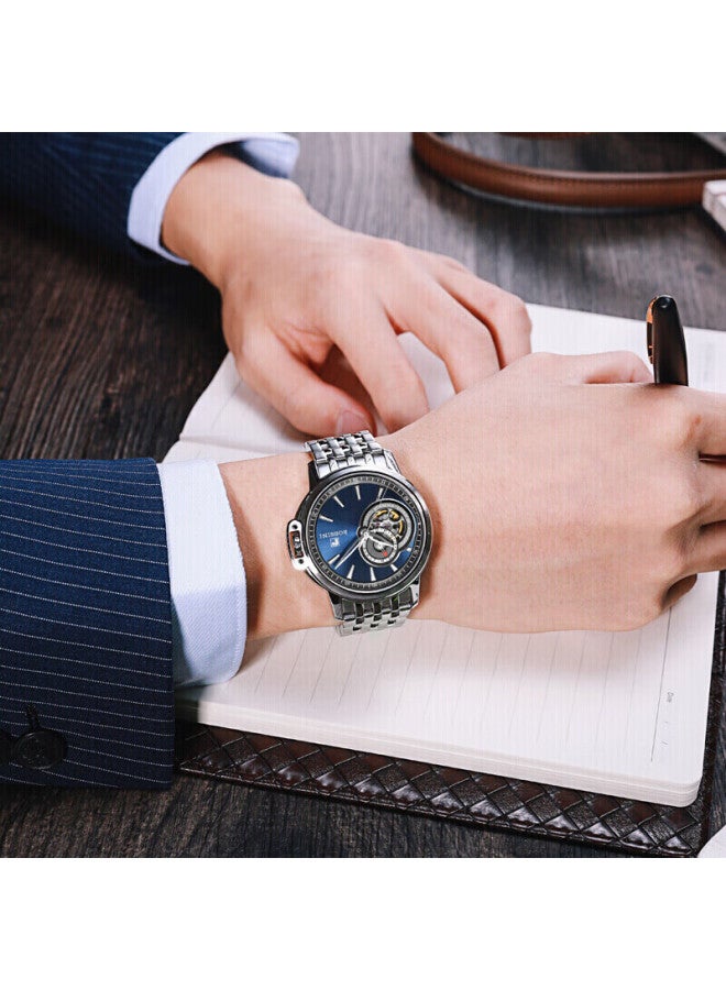 Rossini Men's Mechanical Watch With Medal Blue Dial And Steel Strap, Birthday Gift For Boyfriend, Chinese Brand Business Skeleton Watch 8633 - Image 5