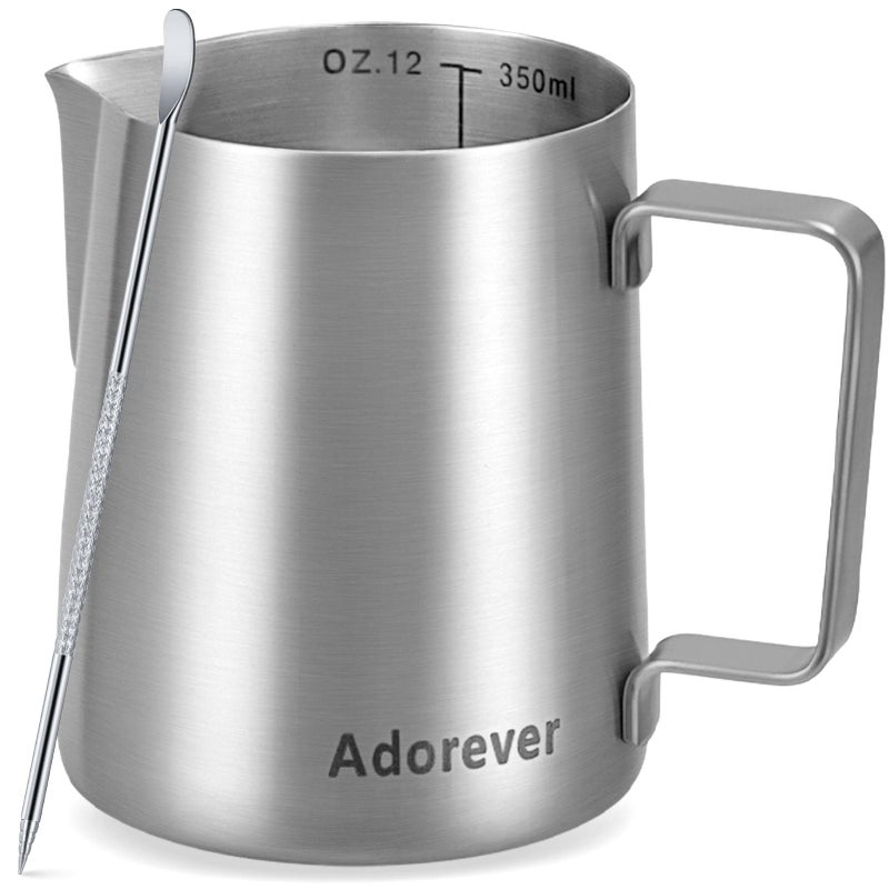 Adorever Milk Frothing Pitcher 12oz Stainless Steel Milk Frother Cup Steaming Pitcher Cappuccino Espresso Accessories Coffee Bar Barista Tools Steamer Cup Milk Jug with Latte Art Pen Matte Steel
