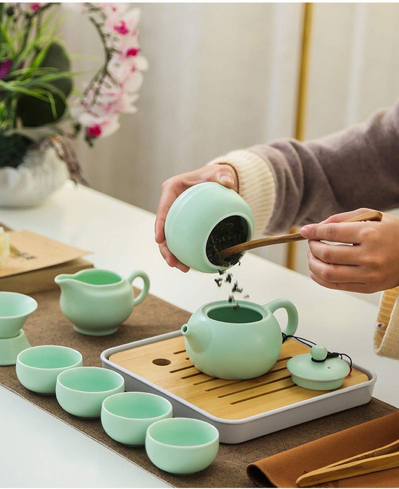 Hoobar Ceramic Kungfu Tea Set - Complete Travel Tea Set with Teapot, 4 Teacups, Tea Canister, Fair Cup, Bamboo Tea Tray & Travel Bag | Portable Tea Set for Home, Office, Outdoor & Gifts (Green) - Image 4