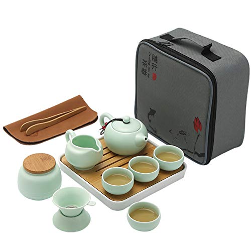 Hoobar Ceramic Kungfu Tea Set - Complete Travel Tea Set with Teapot, 4 Teacups, Tea Canister, Fair Cup, Bamboo Tea Tray & Travel Bag | Portable Tea Set for Home, Office, Outdoor & Gifts (Green) - Image 1
