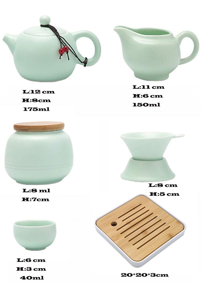 Hoobar Ceramic Kungfu Tea Set - Complete Travel Tea Set with Teapot, 4 Teacups, Tea Canister, Fair Cup, Bamboo Tea Tray & Travel Bag | Portable Tea Set for Home, Office, Outdoor & Gifts (Green) - Image 2