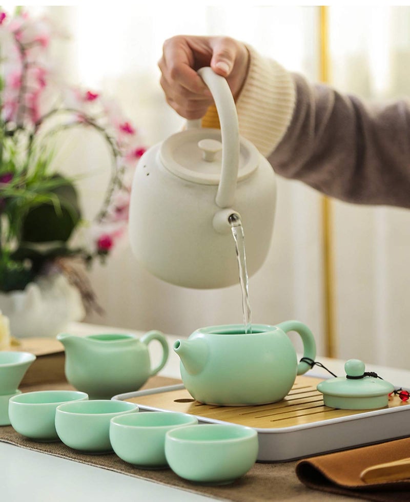 Hoobar Ceramic Kungfu Tea Set - Complete Travel Tea Set with Teapot, 4 Teacups, Tea Canister, Fair Cup, Bamboo Tea Tray & Travel Bag | Portable Tea Set for Home, Office, Outdoor & Gifts (Green) - Image 5