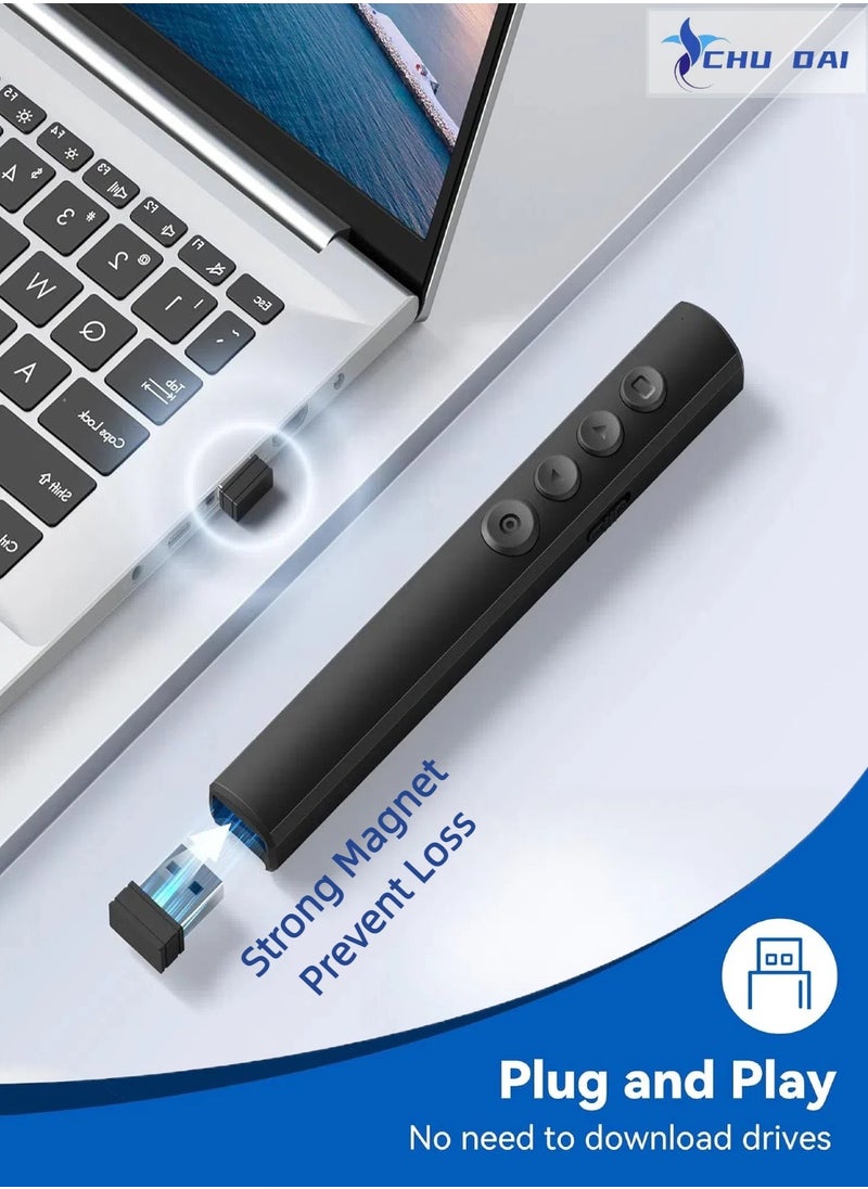 تشو داي - جهاز تحكم عن بعد لاسلكي لعروض التقديم، تردد 2.4 جيجاهرتز ومستقبل USB ومؤشر ليزري أحمر ويعمل بنطاق 15 متر ويضم 6 أزرار وتحكم سهل بعرض الشرائح ومؤشر للبطارية كما أنه متوافق مع جهاز الكمبيوتر أسود - Image 1