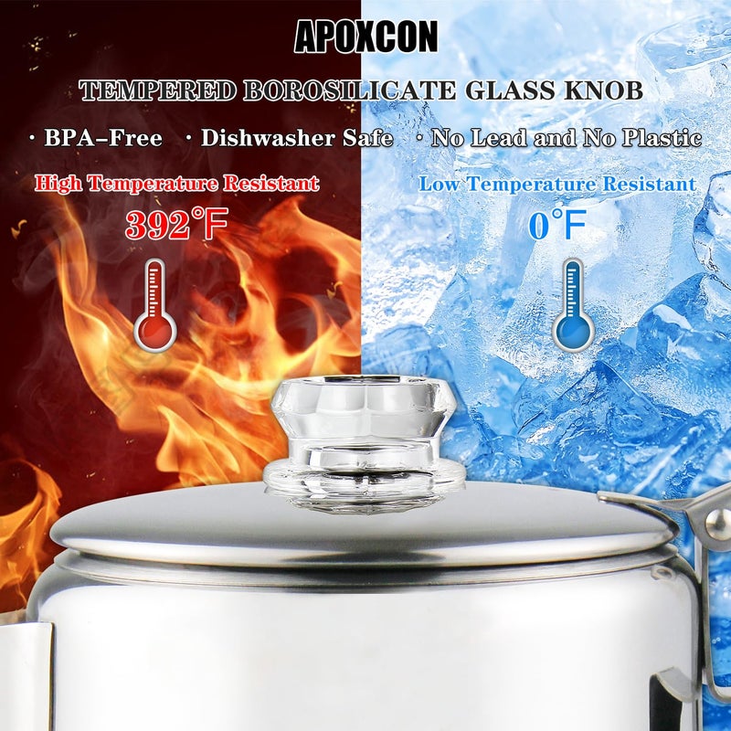 APOXCON Multi Use Percolator Coffee Pot Stainless Steel Stove Top Coffee Maker with Two Borosilicate Glass Knob Silica Handle Camping Coffee Pot Using on Campfire Stove & Induction Cooker Silver 9 Cup - Image 4