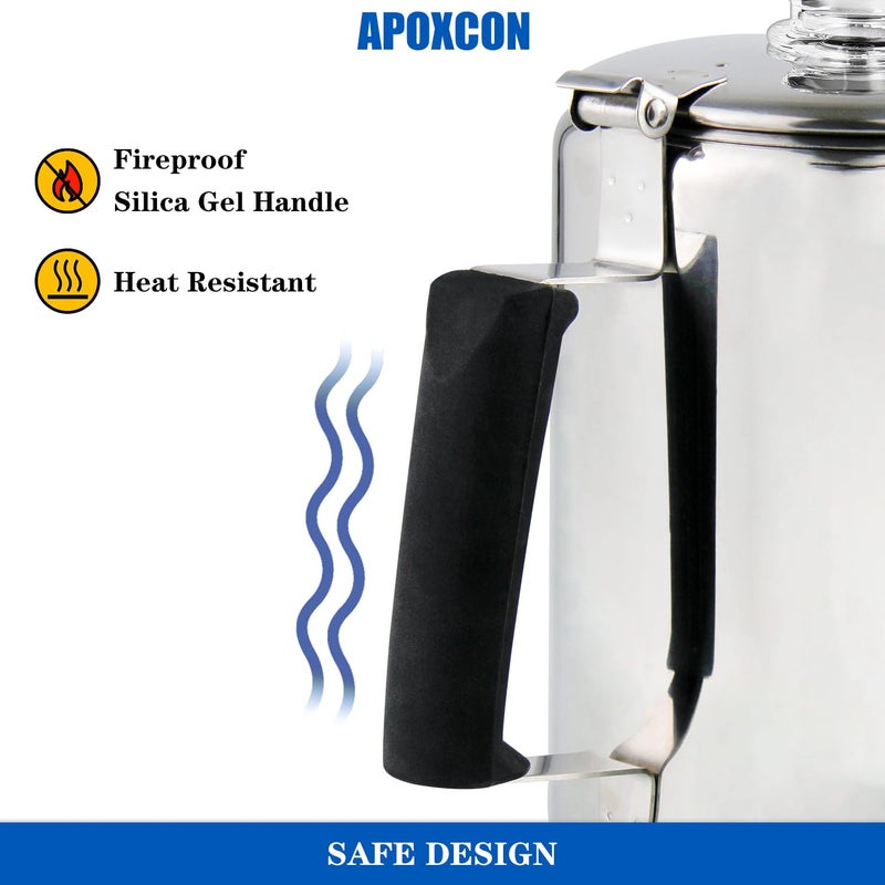 APOXCON Multi Use Percolator Coffee Pot Stainless Steel Stove Top Coffee Maker with Two Borosilicate Glass Knob Silica Handle Camping Coffee Pot Using on Campfire Stove & Induction Cooker Silver 9 Cup - Image 5
