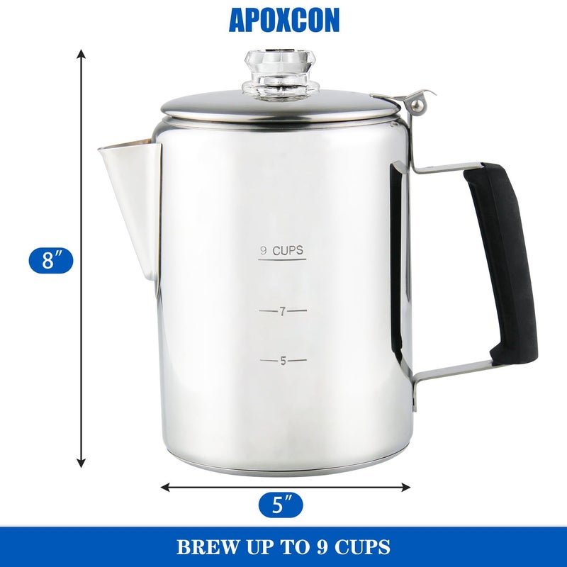 APOXCON Multi Use Percolator Coffee Pot Stainless Steel Stove Top Coffee Maker with Two Borosilicate Glass Knob Silica Handle Camping Coffee Pot Using on Campfire Stove & Induction Cooker Silver 9 Cup - Image 2