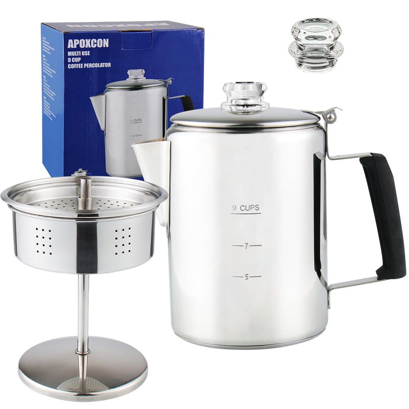 APOXCON Multi Use Percolator Coffee Pot Stainless Steel Stove Top Coffee Maker with Two Borosilicate Glass Knob Silica Handle Camping Coffee Pot Using on Campfire Stove & Induction Cooker Silver 9 Cup - Image 1