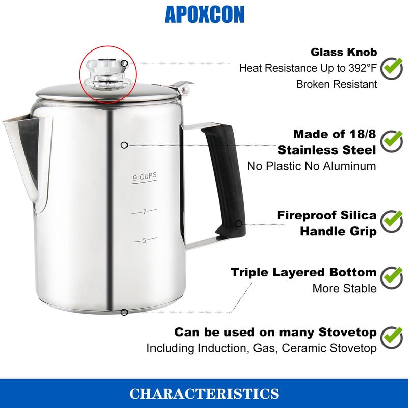 APOXCON Multi Use Percolator Coffee Pot Stainless Steel Stove Top Coffee Maker with Two Borosilicate Glass Knob Silica Handle Camping Coffee Pot Using on Campfire Stove & Induction Cooker Silver 9 Cup - Image 3