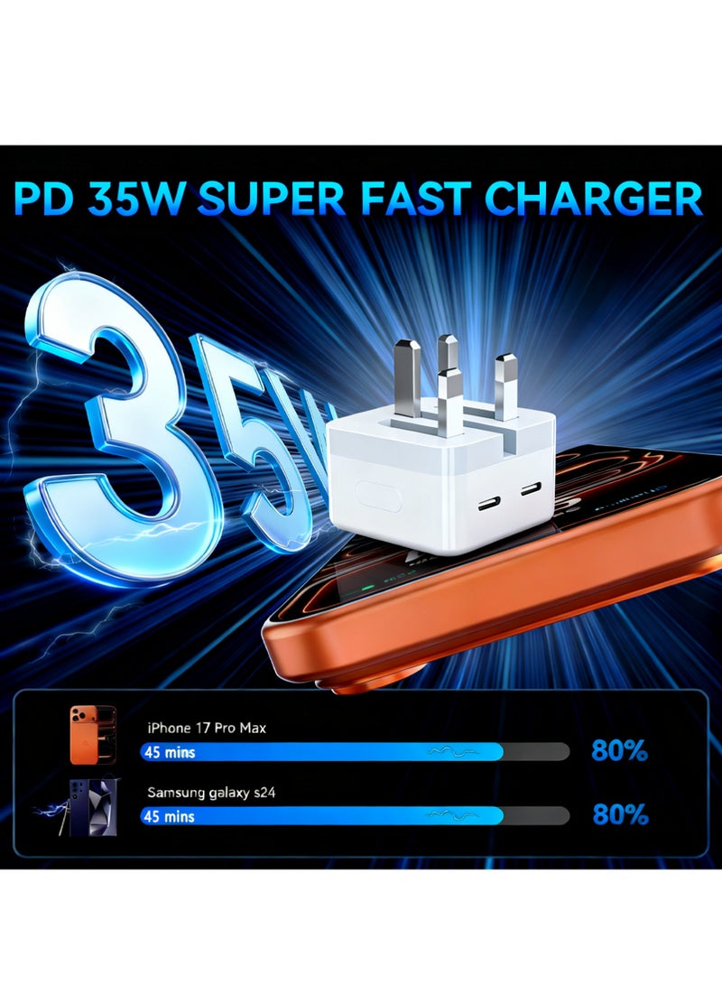 إكس ليفيل موصل USB-C، محول طاقة سريع بمنفذ USB-C مزدوج بقوة 35 واط، متوافق مع iPhone 17/17 Air/17 Pro/17 Pro Max/16/16 Pro/16 Pro Max/15/15 Pro Max/Samsung/Pad/Speaker/AirPods/iPad/Huawei/Xiaomi/Vivo/Oppo وغيرها. - Image 2