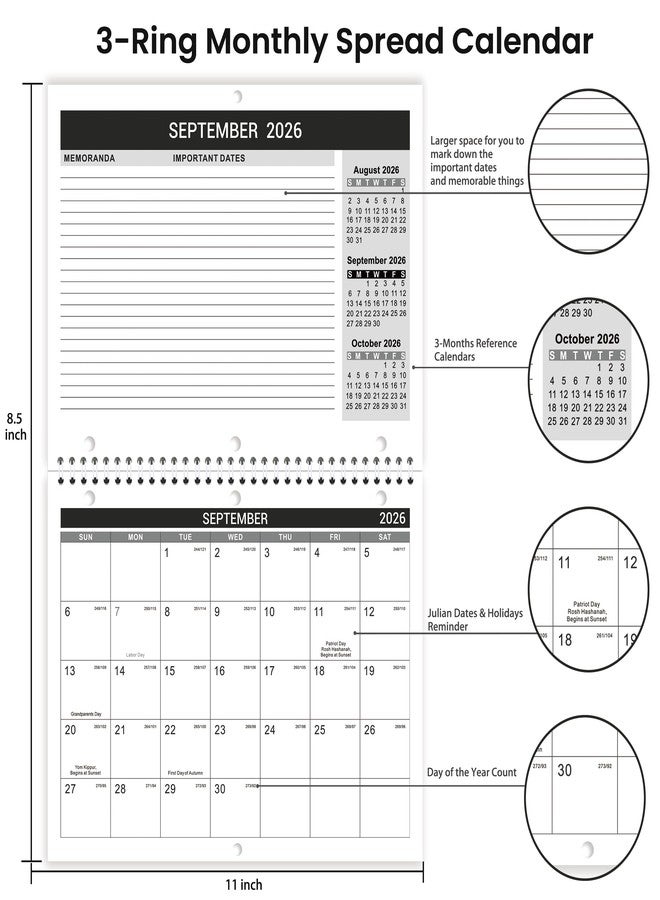 Feteulo Calendar 2026-2027 - Wall Calendar 2026-2027, 8.5" x 11", 18 Month from Jul. 2026 to Dec. 2027, 3-Hole Punched Binder Calendar with Memo Pages, Twin-Wire Binding, Holidays, For Desk or Wall, Black - Image 4