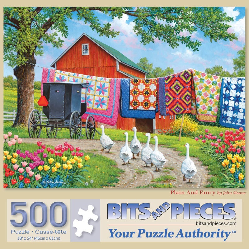 Bits and Pieces â€“ 500 Piece Jigsaw Puzzle for Adults â€“ Plain and Fancy - Geese Farm Quilt Laundry Car Jigsaw Puzzle by Artist John Sloane, Completed Puzzle Size: 18" x 24" - Image 2