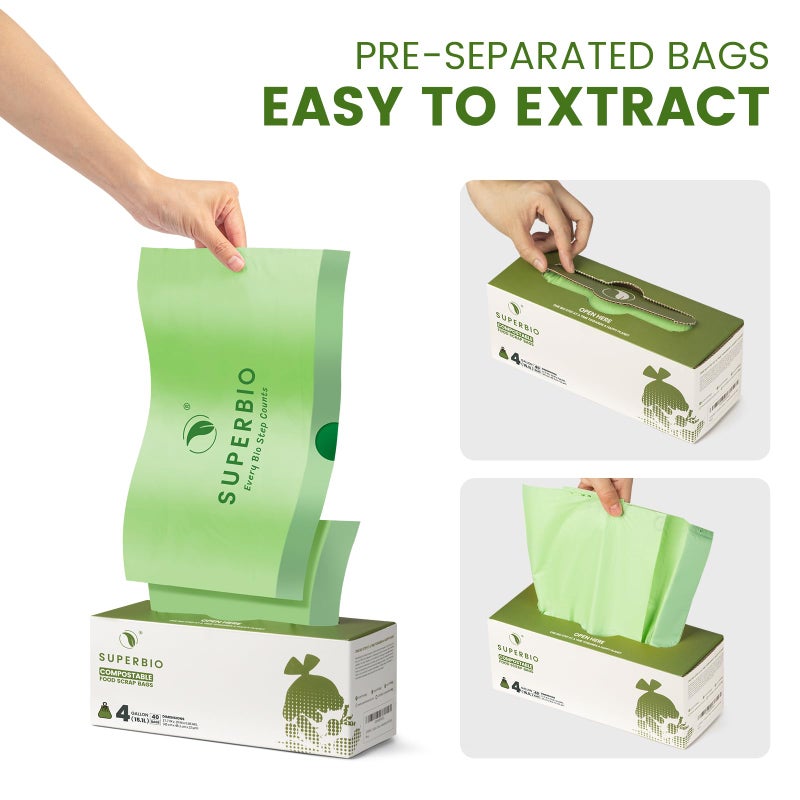 SUPERBIO 4 Gallon Compostable Drawstring Food Scrap Bags,15.1 Liter, 40 Count, 0.9 Mil,Heavy Duty Waste Bags, BPI, Seedling and OK compost INDUSTRIAL - Image 2