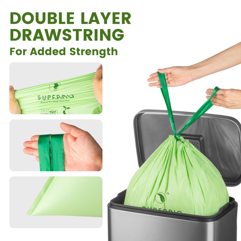 SUPERBIO 4 Gallon Compostable Drawstring Food Scrap Bags,15.1 Liter, 40 Count, 0.9 Mil,Heavy Duty Waste Bags, BPI, Seedling and OK compost INDUSTRIAL - Image 4