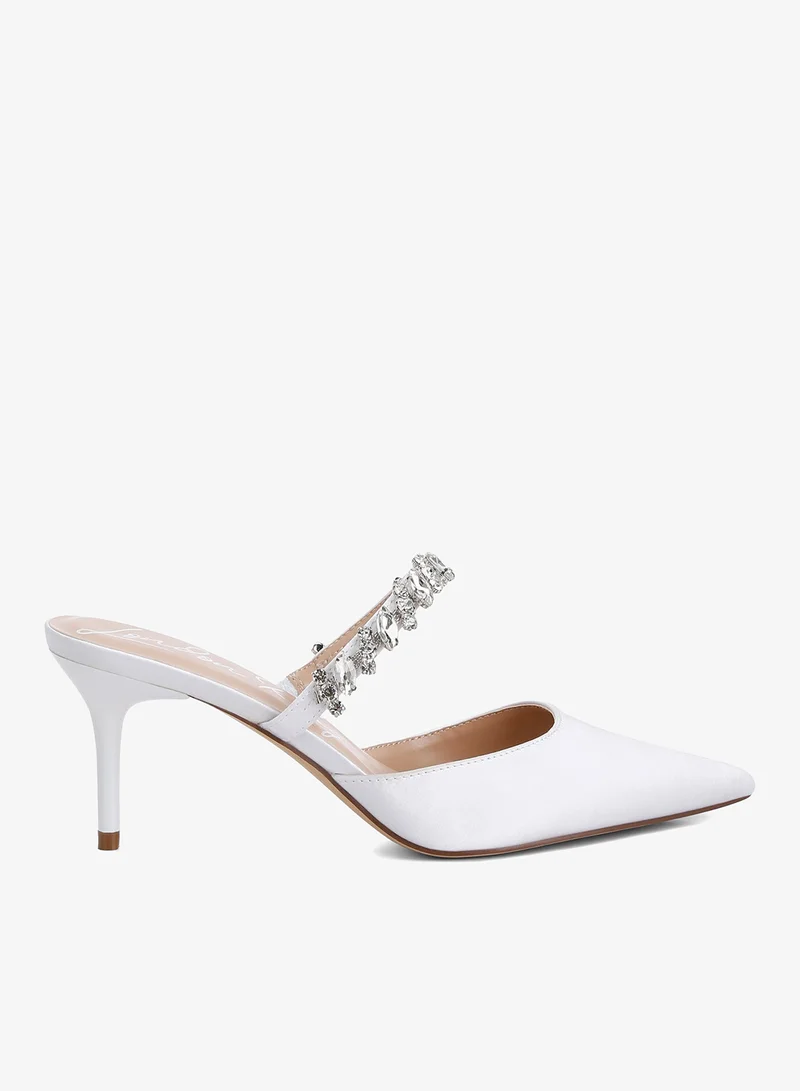 Diamante Stiletto Mules Sandals in White