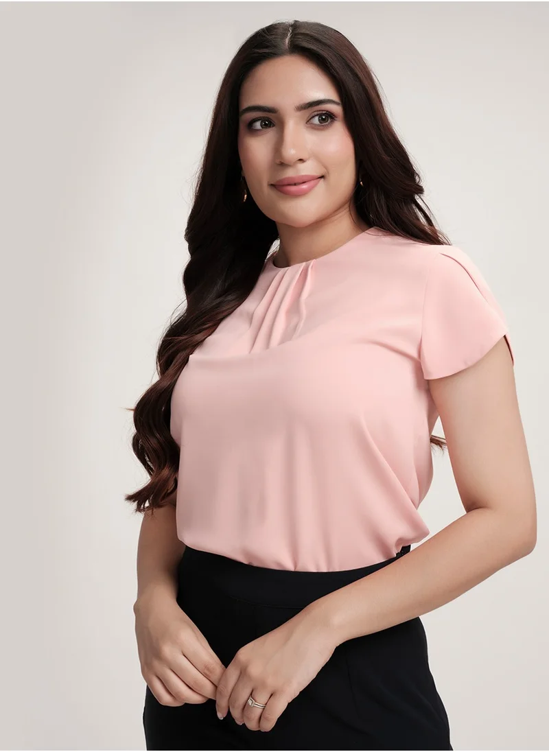 Zigzag Petal Sleeve Chiffon Neck Pleated Top