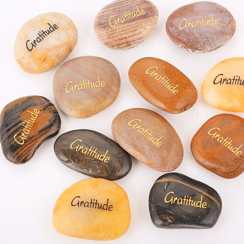 ROCKIMPACT 12pcs Gratitude Inspiration Rock Engraved Pocket Stone Natural River Rock Word Stone Bulk Lot Gratitude Stones (Pack of 12, Gratitude Rocks) - Image 1