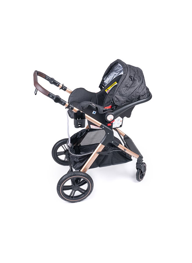 belecoo One Fold-To-Half Luxury Pram 3 In 1 With Car Seat - Black  - Image 4