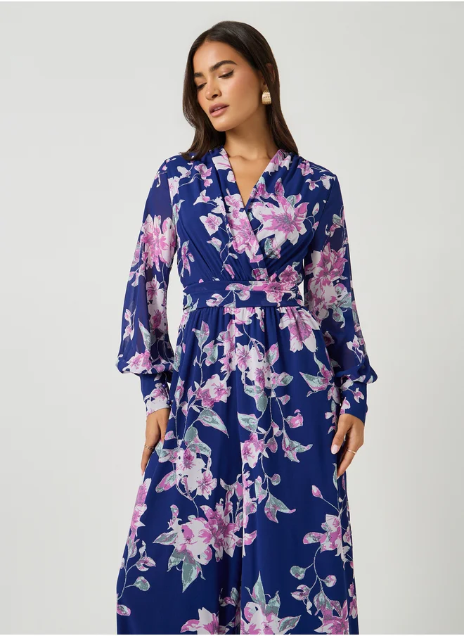 ستايلي Floral Print V-Neck Wide Leg Jumpsuit