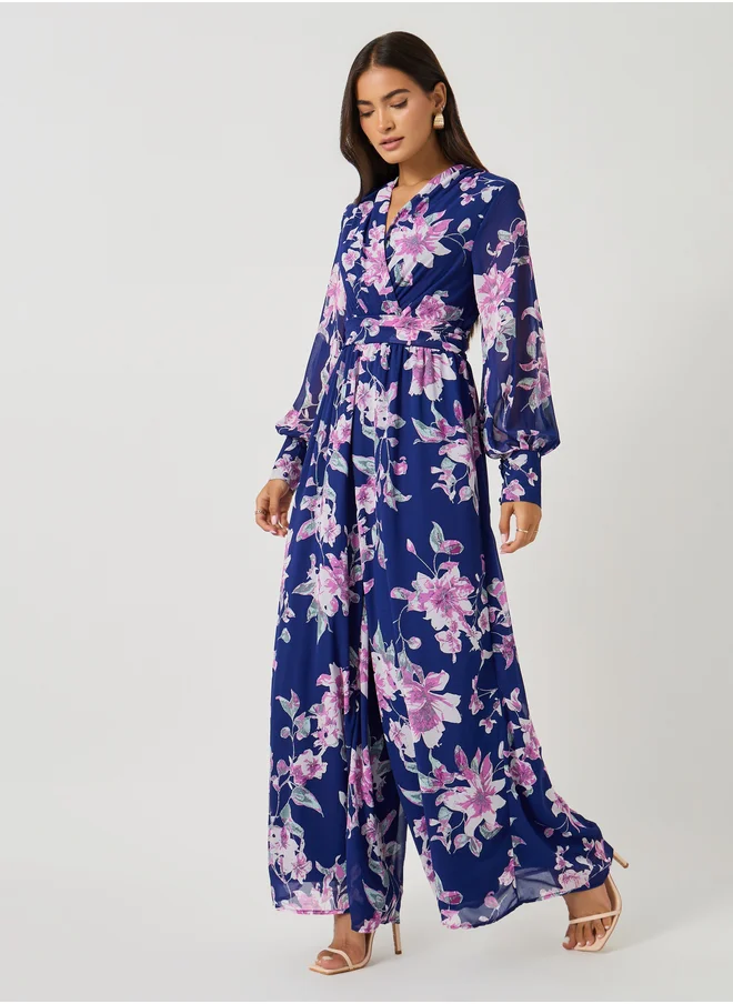 ستايلي Floral Print V-Neck Wide Leg Jumpsuit