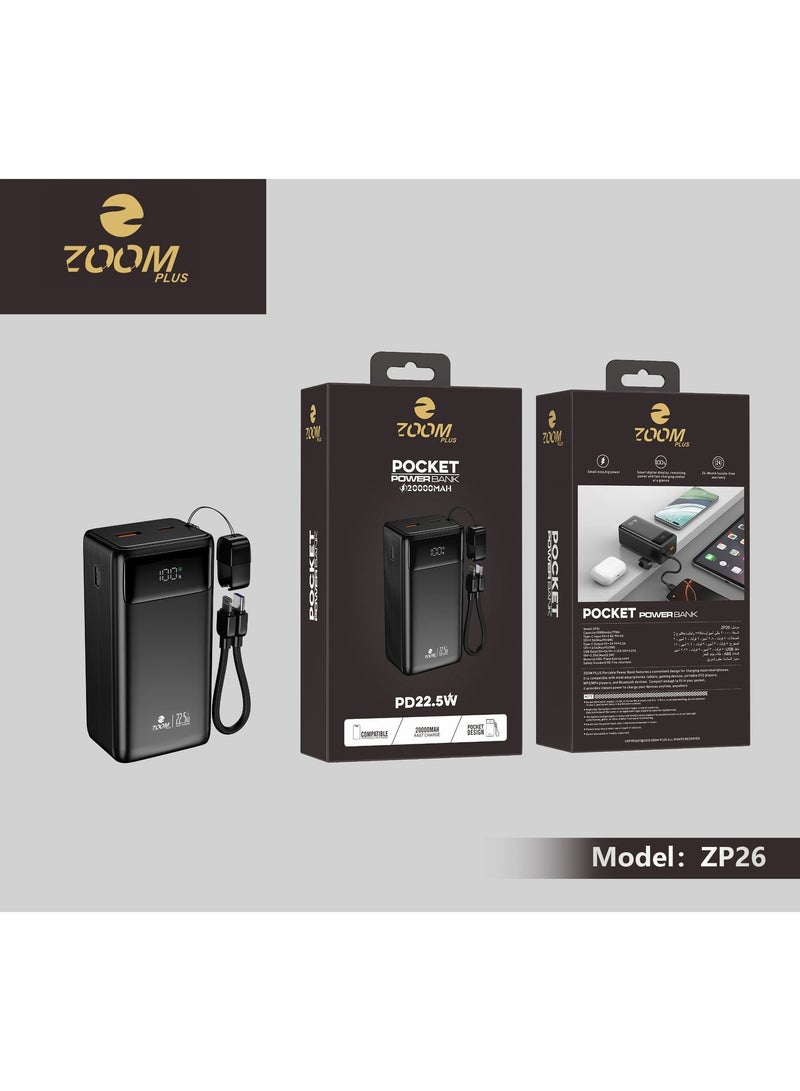 ZOOM PLUS ZP26 Pocket Power Bank 20000mAh PD 22.5W Fast Charging with Built-in Cable, LED Digital Display, Portable High-Capacity Powerbank for Smartphones, Tablets & USB Devices - Image 4