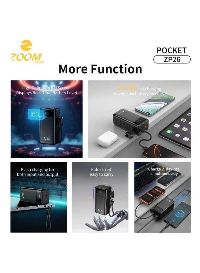 ZOOM PLUS ZP26 Pocket Power Bank 20000mAh PD 22.5W Fast Charging with Built-in Cable, LED Digital Display, Portable High-Capacity Powerbank for Smartphones, Tablets & USB Devices - Image 3