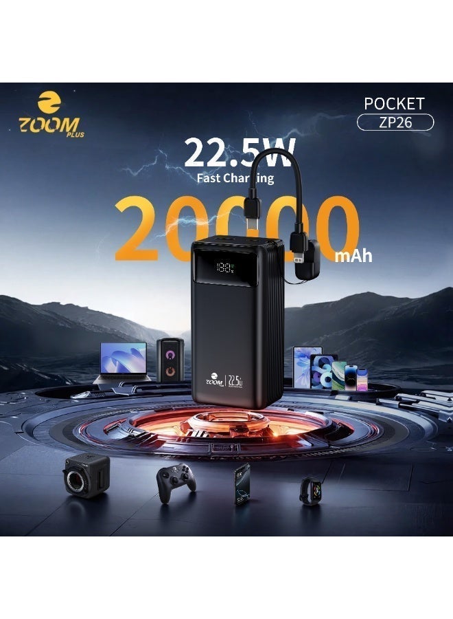 ZOOM PLUS ZP26 Pocket Power Bank 20000mAh PD 22.5W Fast Charging with Built-in Cable, LED Digital Display, Portable High-Capacity Powerbank for Smartphones, Tablets & USB Devices - Image 1