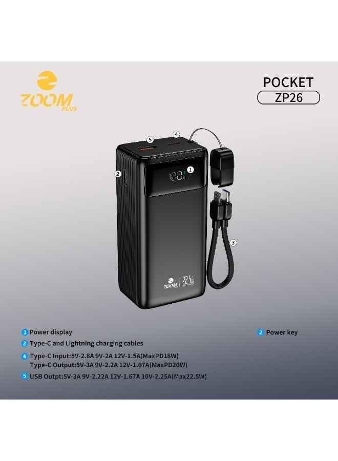 ZOOM PLUS ZP26 Pocket Power Bank 20000mAh PD 22.5W Fast Charging with Built-in Cable, LED Digital Display, Portable High-Capacity Powerbank for Smartphones, Tablets & USB Devices - Image 2
