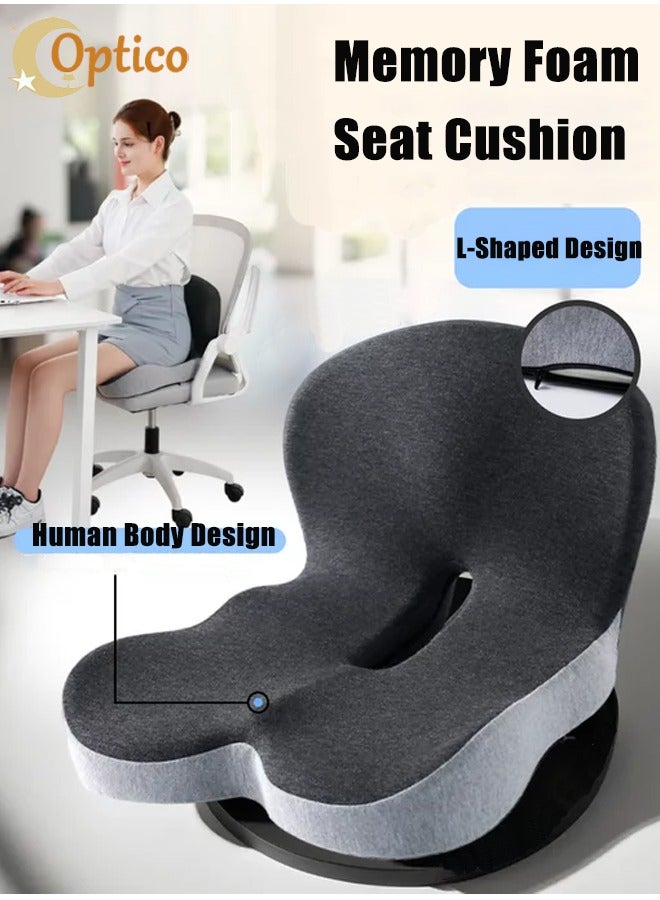 Seat Cushion and Lumbar Support Pillow, Memory Foam Office Chair Cushions for Back, One-Piece L-Shaped Design Car Seat Cushions Back Support Pillows with Washable Cover, Reduce Pressure On Tailbone, Relieve Pain for Long Sitting