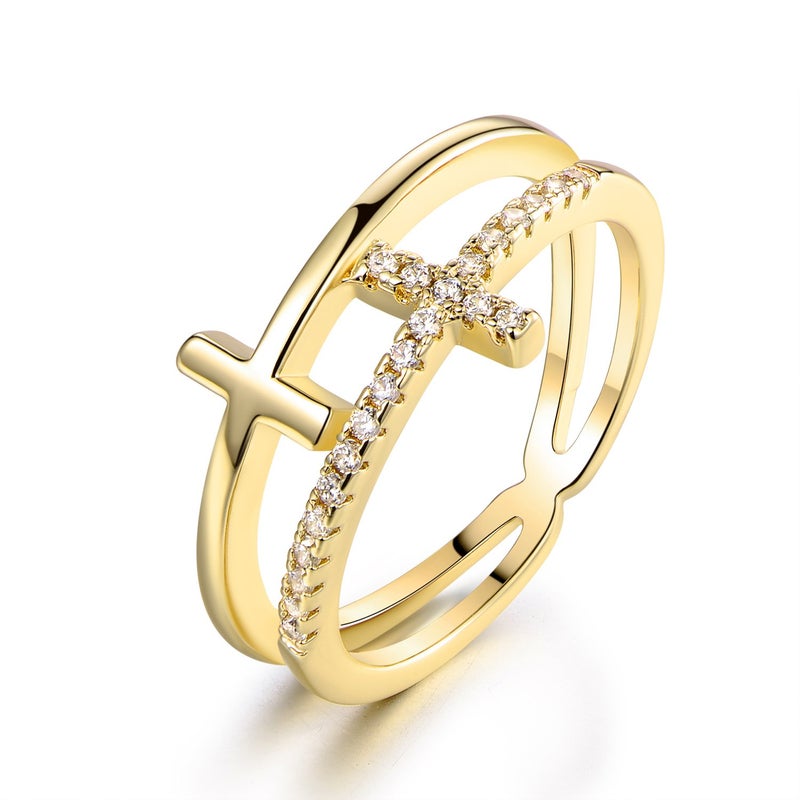 Barzel 18k Gold Plated Cubic Zirconia Double Cross Ring (Gold, 7) - Image 1