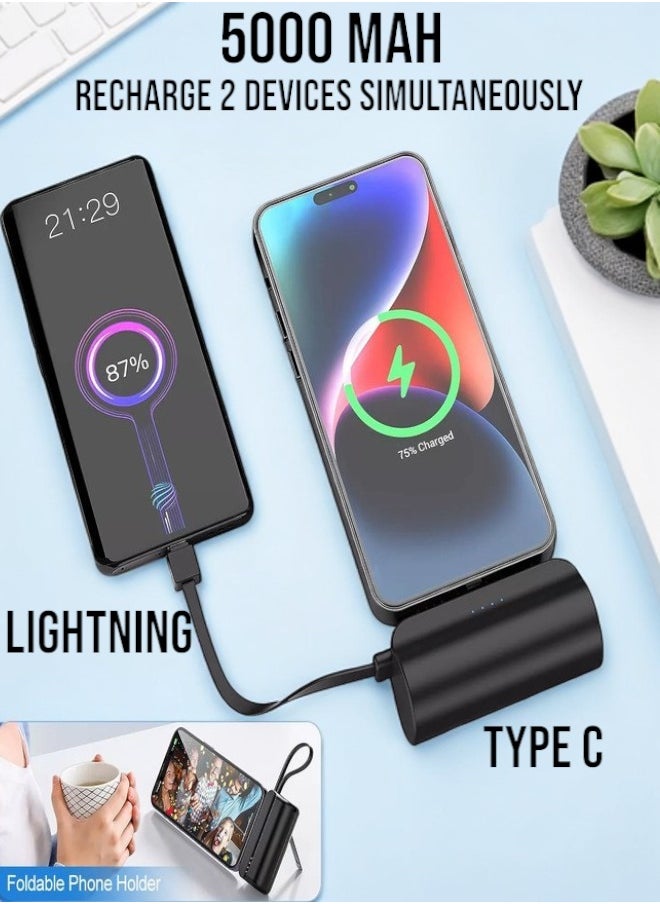 Generic - 5000mAh Mini Power Bank Type-C Connector, Portable Charger Battery Pack, with Built in Cables and Foldable Stand & LED Display With light – Compatible for iPhone, Samsung Galaxy, AirPods, iPad, and more (Black/White) - Image 1