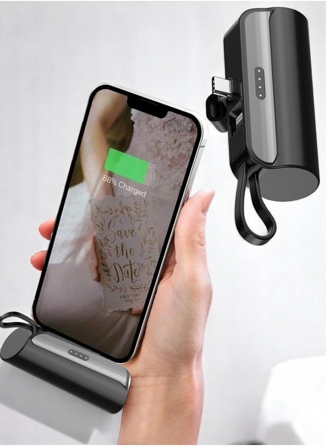 Generic - 5000mAh Mini Power Bank Type-C Connector, Portable Charger Battery Pack, with Built in Cables and Foldable Stand & LED Display With light – Compatible for iPhone, Samsung Galaxy, AirPods, iPad, and more (Black/White) - Image 1