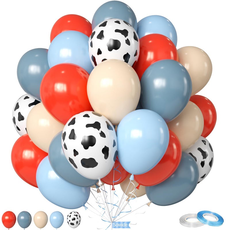 Sowide Red Blue Cow Balloons 50Pcs 12 Inch Red Dusty Blue Sand White Farm Balloons for Kids Girl Boy Farm Theme Birthday Western Cowboy Party Baby Shower Decorations - Image 2
